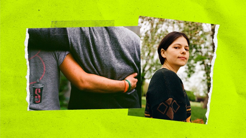 A collage using photos of two friends supporting each other, and a portrait of a young person in park, looking towards the camera.