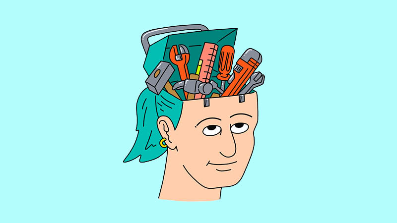An illustration of a person with teal-colored hair tied back, wearing a gold hoop earring. The top of their head is open like a toolbox, revealing various tools such as wrenches, screwdrivers, a ruler, and a hammer inside. The background is light blue, and the person has a calm, confident expression.