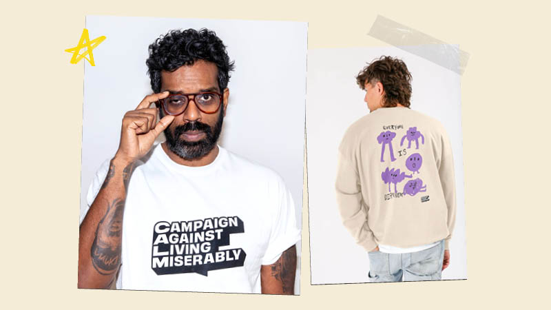 Romesh Ranganathan is wearing a white CALM logo T-shirt. Another model is wearing a beige sweatshirt with illustrations on it; the text reads "Everyone is different"