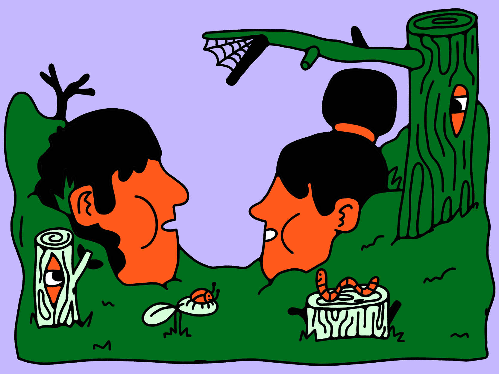 Illustration of two cartoonish faces without eyes emerging from green foliage, surrounded by playful nature elements, tree trunks, and insects against a pink background. Two tree trunks either side of the cartoonish faces have a cartoonish peeking through.