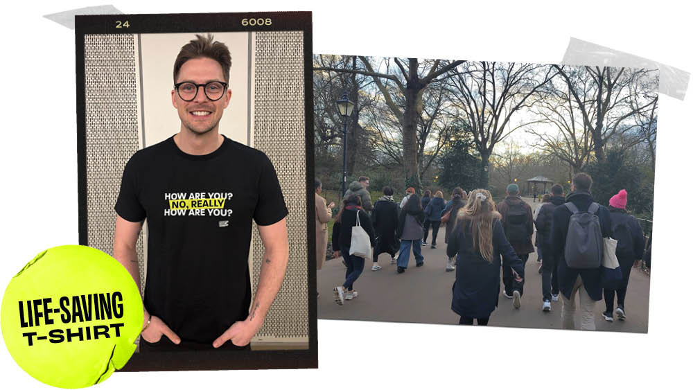 A person wearing a "How are you? No, really, how are you?" A T-shirt stands smiling next to a photo of people walking in a park. A green circle reads "Life-Saving T-Shirt."