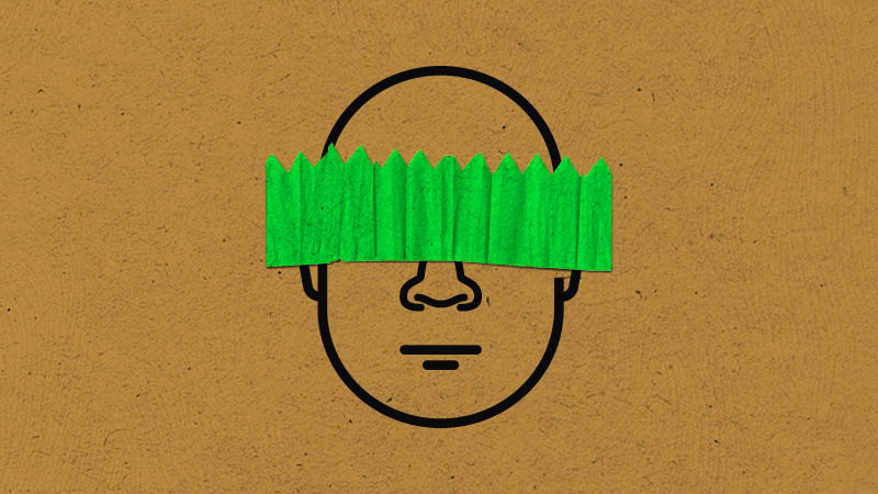 An illustration of a face outline with a green Christmas cracker hat obscuring the eyes against a brown textured background.