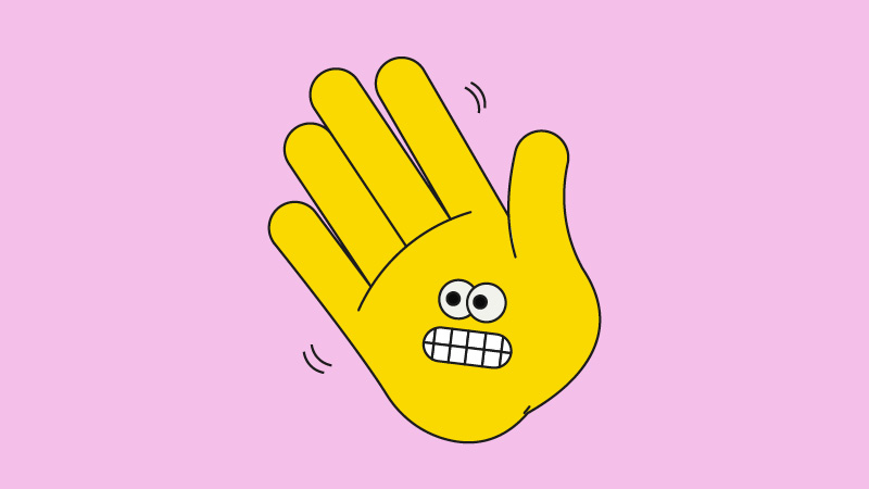 Illustration of a yellow cartoon hand with a face, waving in a cringe but endearing way. Set against a pale pink background.