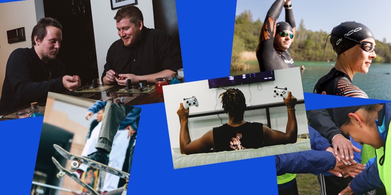 Five images of people enjoying their passions. Gaming, skating, swimming and football.