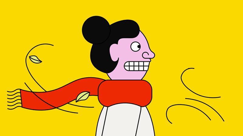 An illustration of a person wearing a red scarf and a white outfit, looking to the right with a worried or tense expression, clenching their teeth. The hair is tied in a bun. The background is bright yellow, with lines and leaves depicting strong wind blowing. 