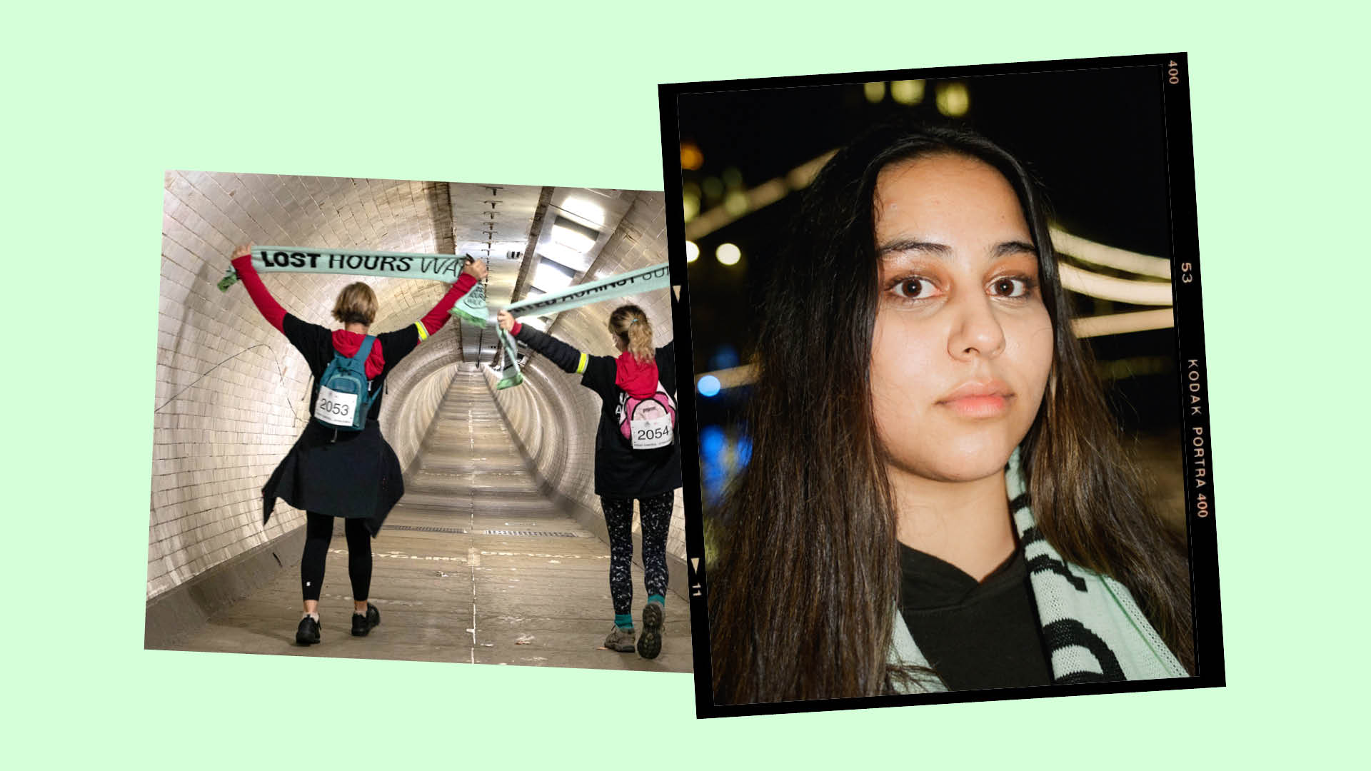 a montage of two women standing in a tunnel with CALMbranded scarves raised above their heads, and a woman looking pensive into the camera