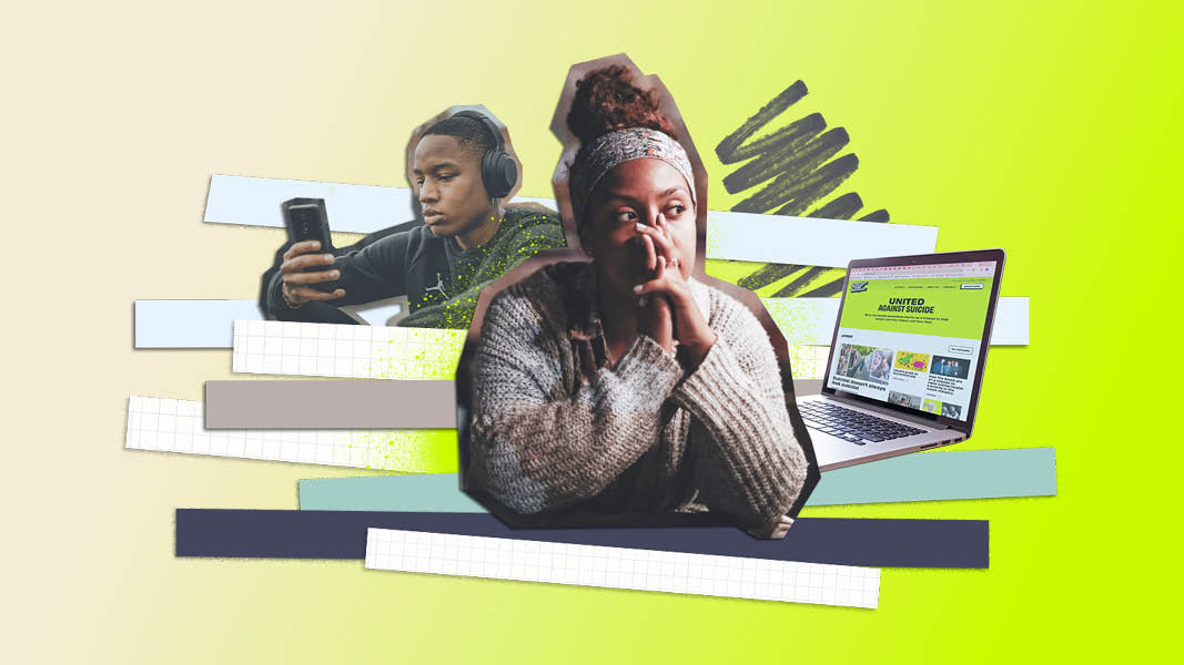 A dynamic collage made up of paper stripes and photographs illustrates two young individuals. In the background, one is focused on his mobile phone, and in the foreground, a girl is staring worryingly upwards to the right while clasping her hands together.