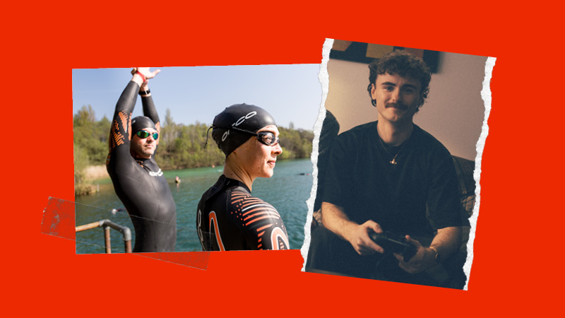 A collage using photos of two swimmers and a gamer set against a red background.