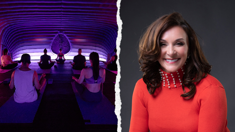 Split image of a yoga class in a purple-lit room and a photo of Shirley Ballas smiling in an orange top.