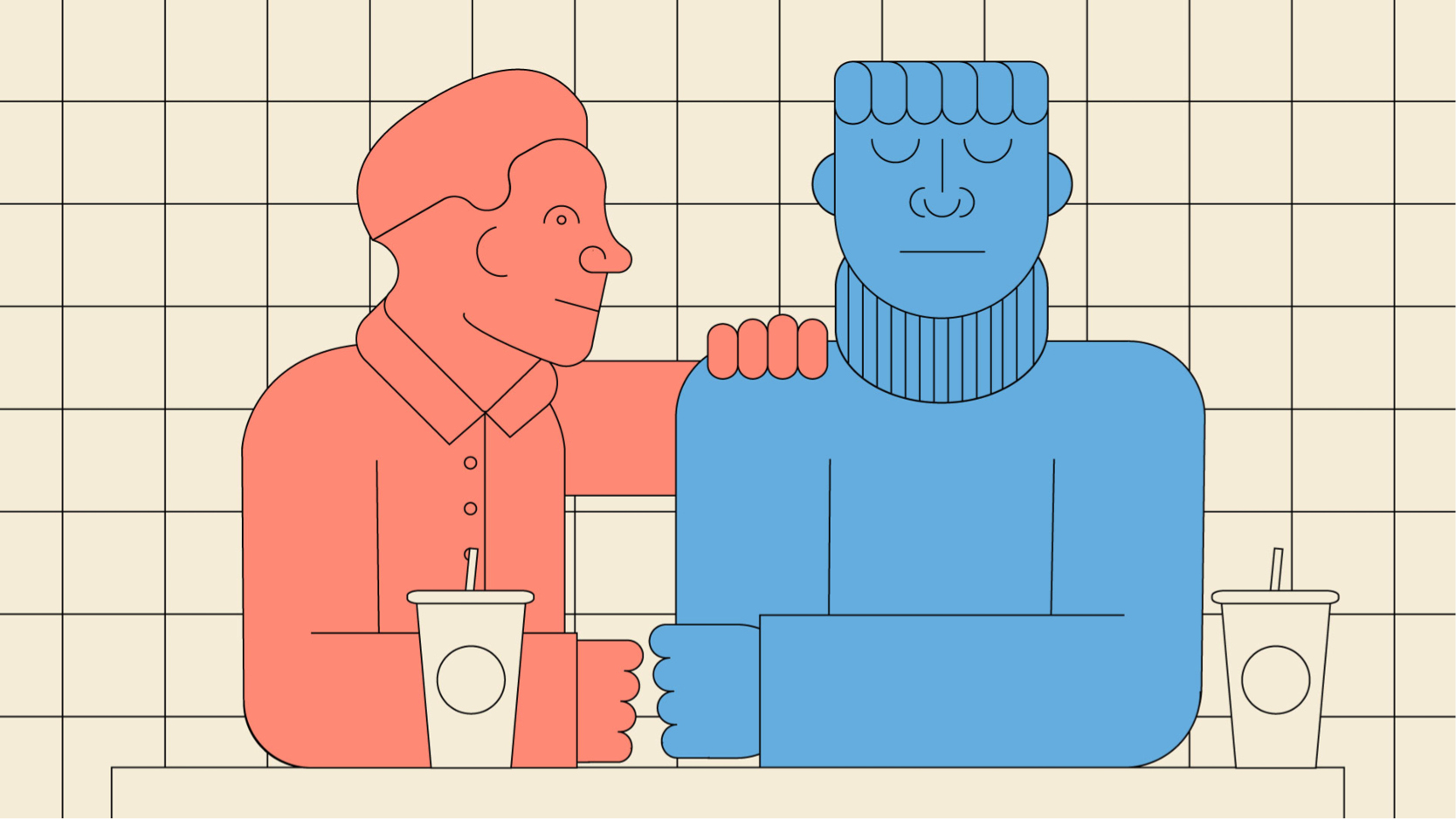 Illustration of two abstract, colored figures seated at a table with drinks in front with a geometric tile background behind them. One orange figure has its hand on the blue figure's shoulder. 
