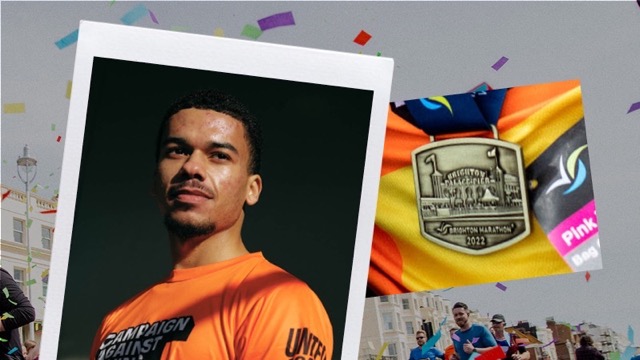 Person in a CALM t.shirt looking ready for a challenge, next to a picture of a Brighton Marathon medal.