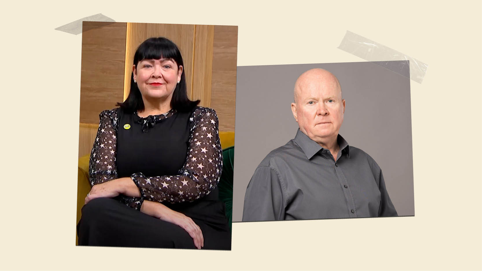 Two photos are placed next to each other. The photo left is of a woman in a black dress seated alongside a photo on the right of the satellite image London highlighting BBC branding and the television soap name ‘Eastender’.