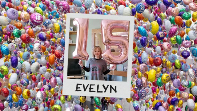 A photo collage; the left image is taken from the Missed Birthday from the Missed Birthday installation; 6,929 balloons, each one representing a young person who took their own life, and a birthday they didn’t get to celebrate. The right image is of Evelyn, holding pink birthday balloons that depict the number 15. 